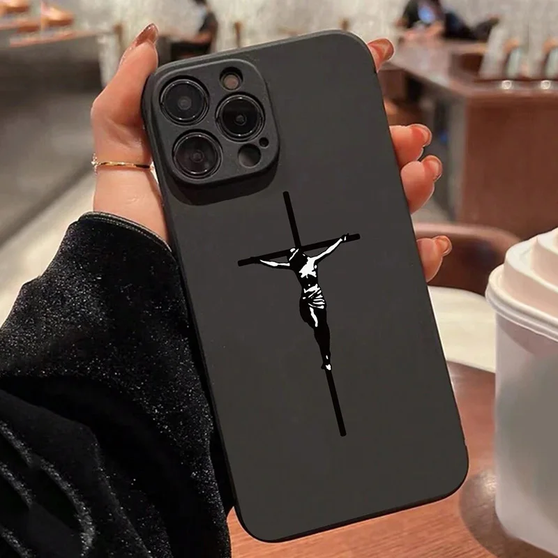 Color: SKY BLUE, Compatible-Phone Models: For iPhone 11 Pro Max - Jesus Cross Painted Phone Case For iPhone 16 15 14 13 12 11 Pro Max XS X XR 7 8 Plus Mini SE 2020 2022