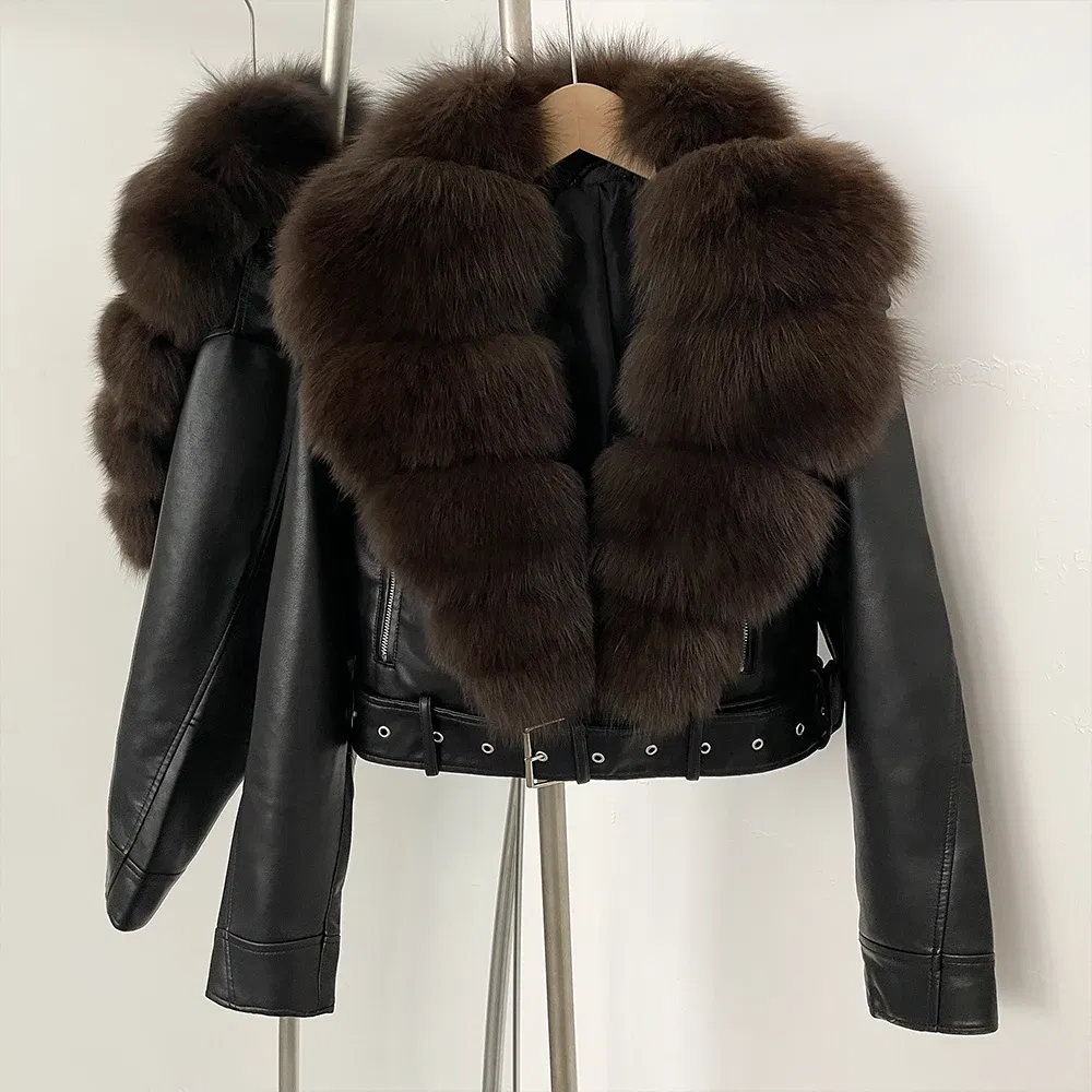 Color: GRAY, Size: XL - Fake Leather Coat New Natural Fox Fur Autumn Short Faux Leather Jacket Female Spring PU Women Long Sleeve Real Fur Coat Thin