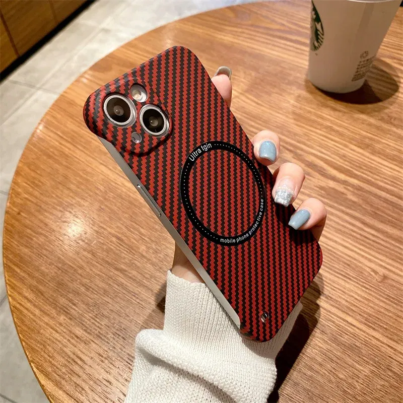 Color: Red, Material: Denim - Luxury Carbon Fiber for iPhone 11 14 Plus 12 13 Pro Max Magsafe Case Magnetic Wireless Hard Thin Slim Cover for iPhone 13 14 Max