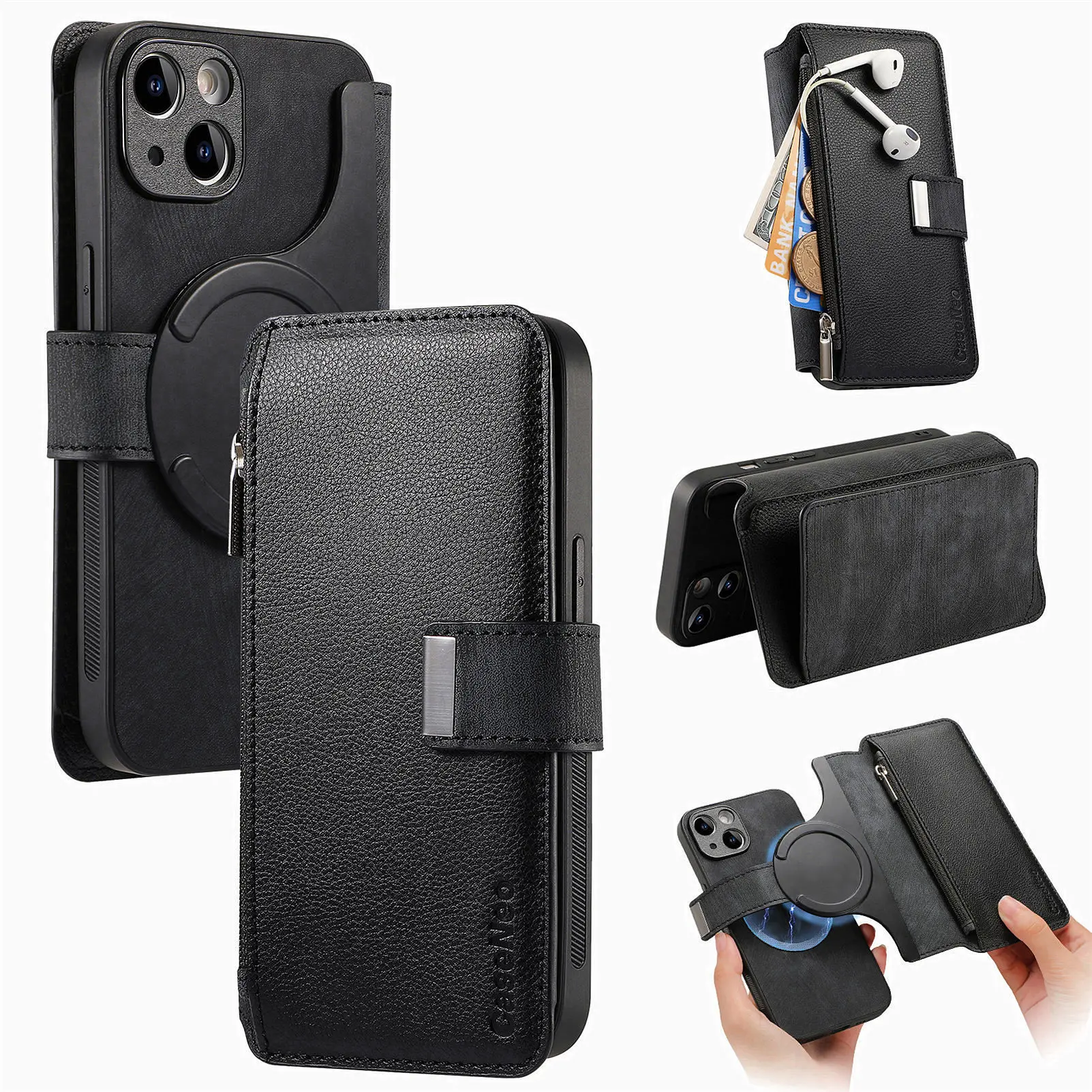Color: black, Material: Silicon - With Magsafe Wallet Case For Xiaomi Poco X6 X5 X3 M6 M5S M4 M3 F6 F5 Pro F3 C31 Zipper Leather Multi 6 Card Slot Removable Cover