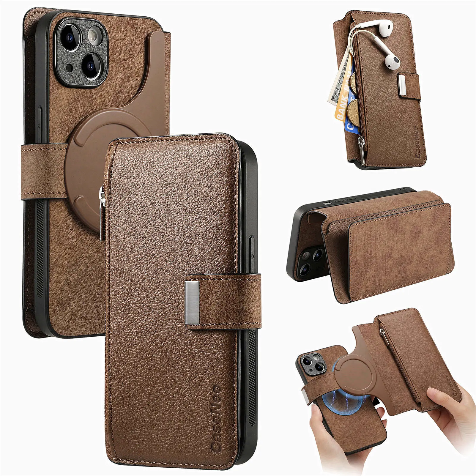 Color: black, Material: Silicon - With Magsafe Wallet Case For Xiaomi Poco X6 X5 X3 M6 M5S M4 M3 F6 F5 Pro F3 C31 Zipper Leather Multi 6 Card Slot Removable Cover